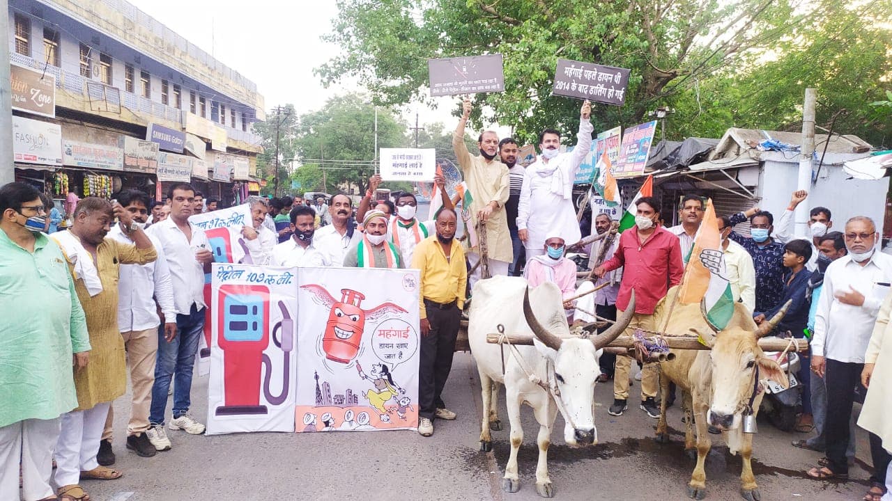 महंगाई के विरोध में कांग्रेस का अनोखा प्रदर्शन, बैलगाड़ी पर निकले, बिना सिलेंडर के चूल्हे पर सेंकी रोटियां
