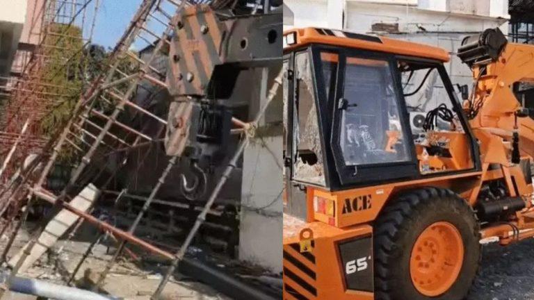इंदौर के सुयश अस्पताल का 70 फीट ऊंचा छज्जा गिरा, दो मकानों को पहुंचा नुकसान, लोगों ने गुस्से में क्रेन के कांच फोड़े