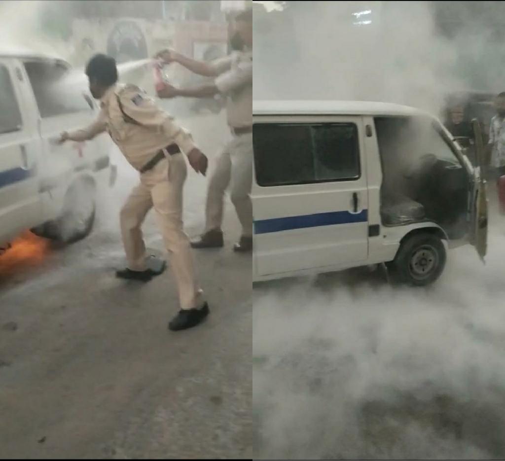 भोपाल में एंबुलेंस में लगी आग, पुलिस की सूझबूझ से बड़ा हादसा टला