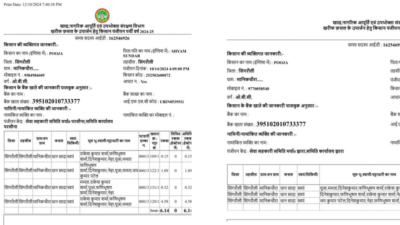 सिंगरौली धान पंजीयन में बड़ा घोटाला! एक ही बैंक खाते पर बदले पिता-पति के नाम, निलंबित ऑपरेटर की बहाली पर सवाल