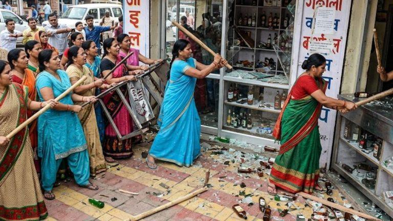 जबलपुर में शराब दुकान पर महिलाओं का हंगामा, लाठी-डंडों से की जमकर तोड़फोड़