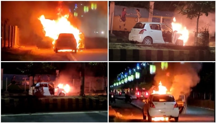 The burning car: जब सड़क पर दौड़ती कार में लगी आग, धूं धूं कर जली