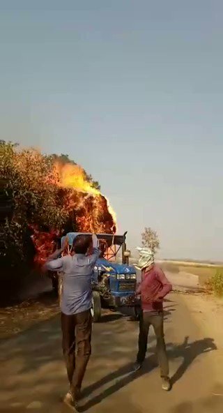 Sagar News: गेहूं की फसल से भरी ट्राली में लगी आग, देखे वीडियो