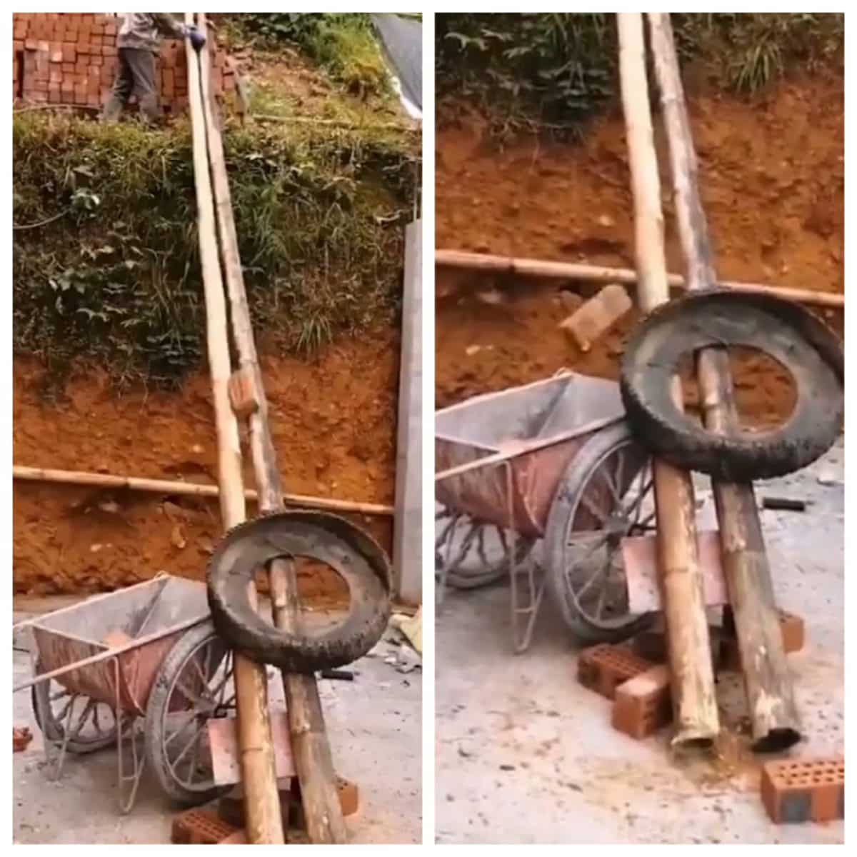Video : ईंटों को नीचे उतारने का काम, बांस और पुराने टायर से किया गजब का जुगाड़