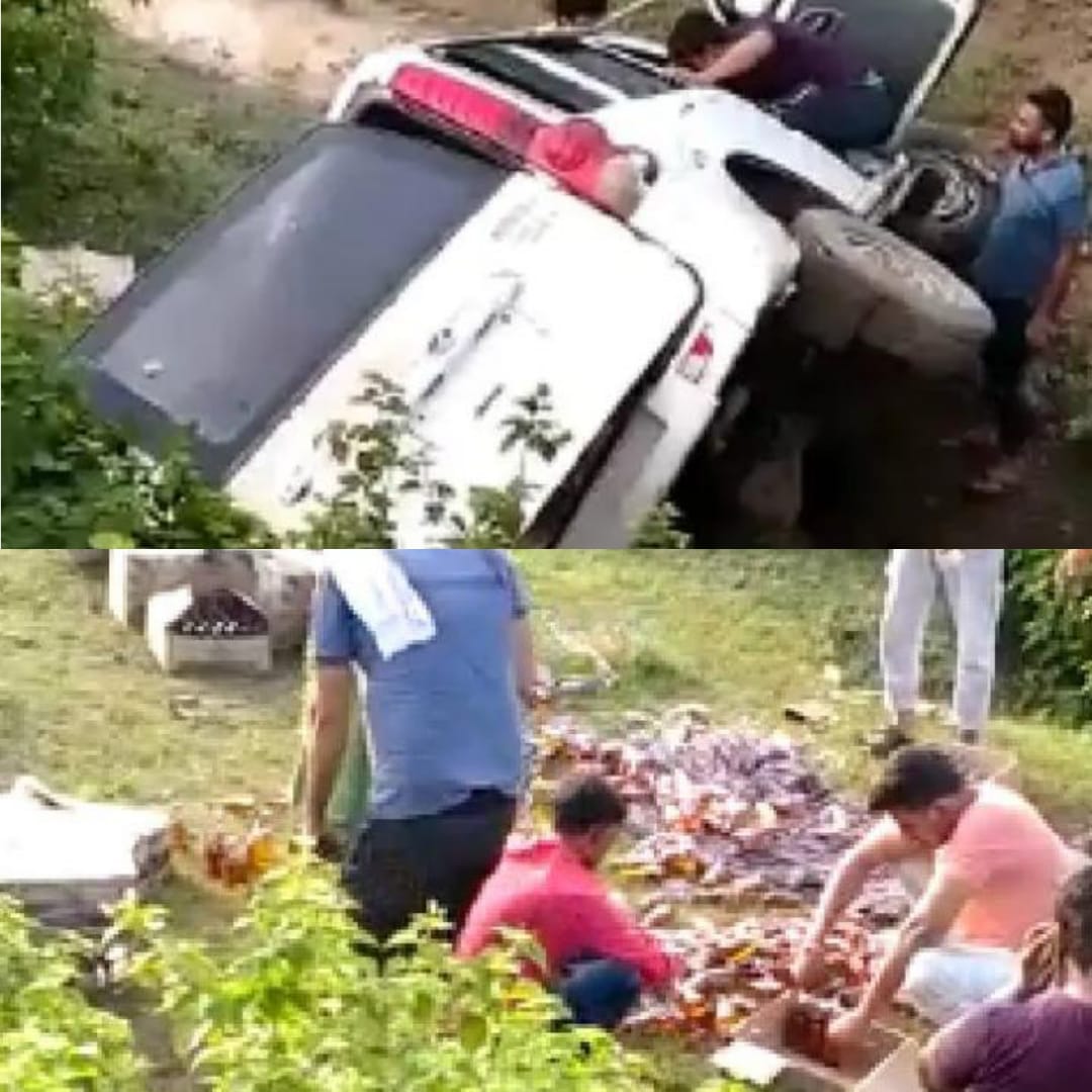 Mandsaur : पुलिस ने बच कर भाग रहे शराब माफियाओं की कार पलटी, वाहन छोड़ भागे आरोपी, 24 पेटी शराब जब्त