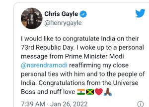 गणतंत्र दिवस पर क्रिस गेल ने दी भारत को बधाई, पीएम मोदी ने भेजा यह निजी संदेश