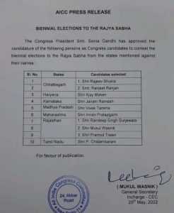 राज्‍यसभा चुनाव के लिए भाजपा-कांग्रेस ने जारी किए उम्मीदवारों के नाम, देखें लिस्ट