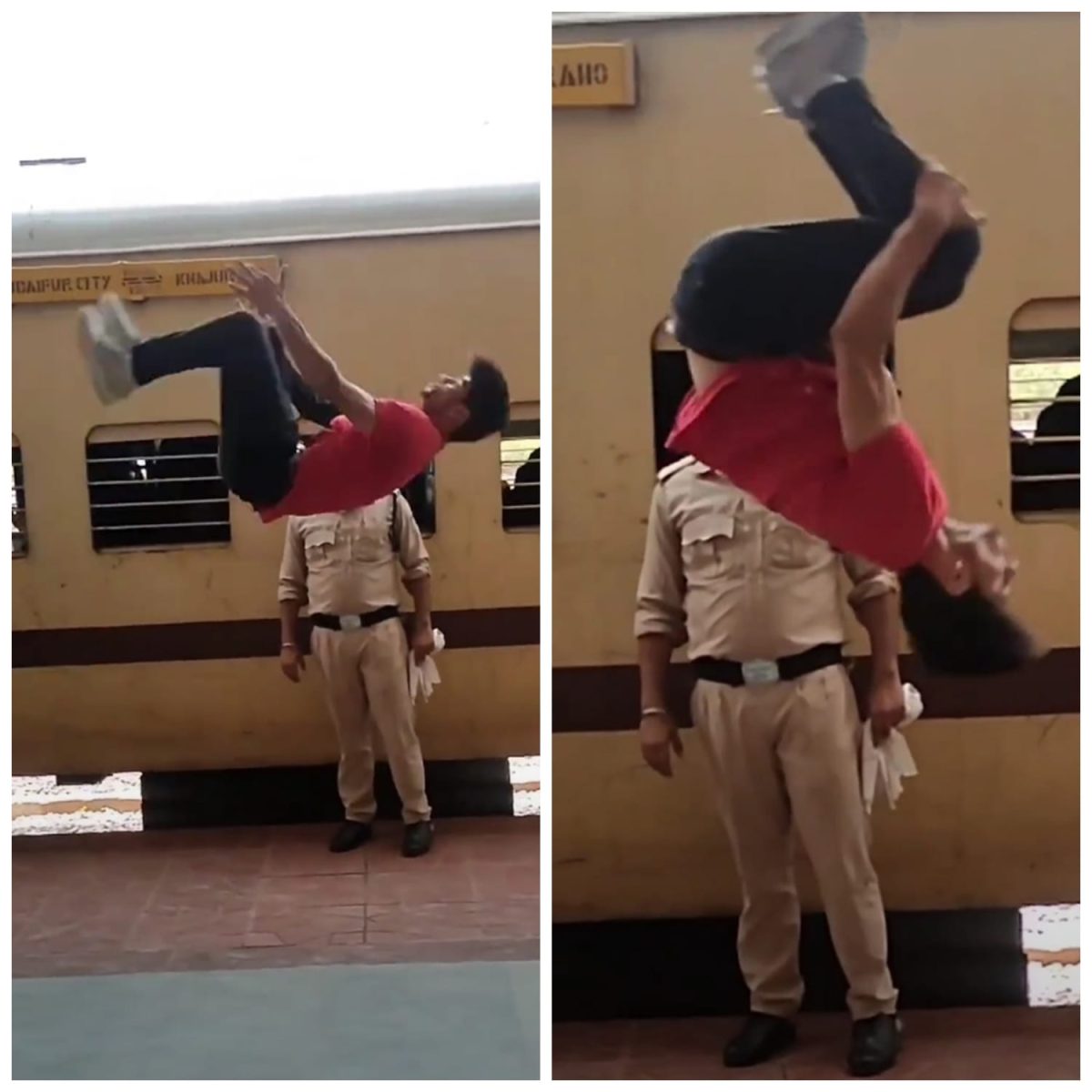 रेलवे स्टेशन पर युवक ने किया कमाल का बैकफ्लिप स्टंट, वायरल हुआ वीडियो