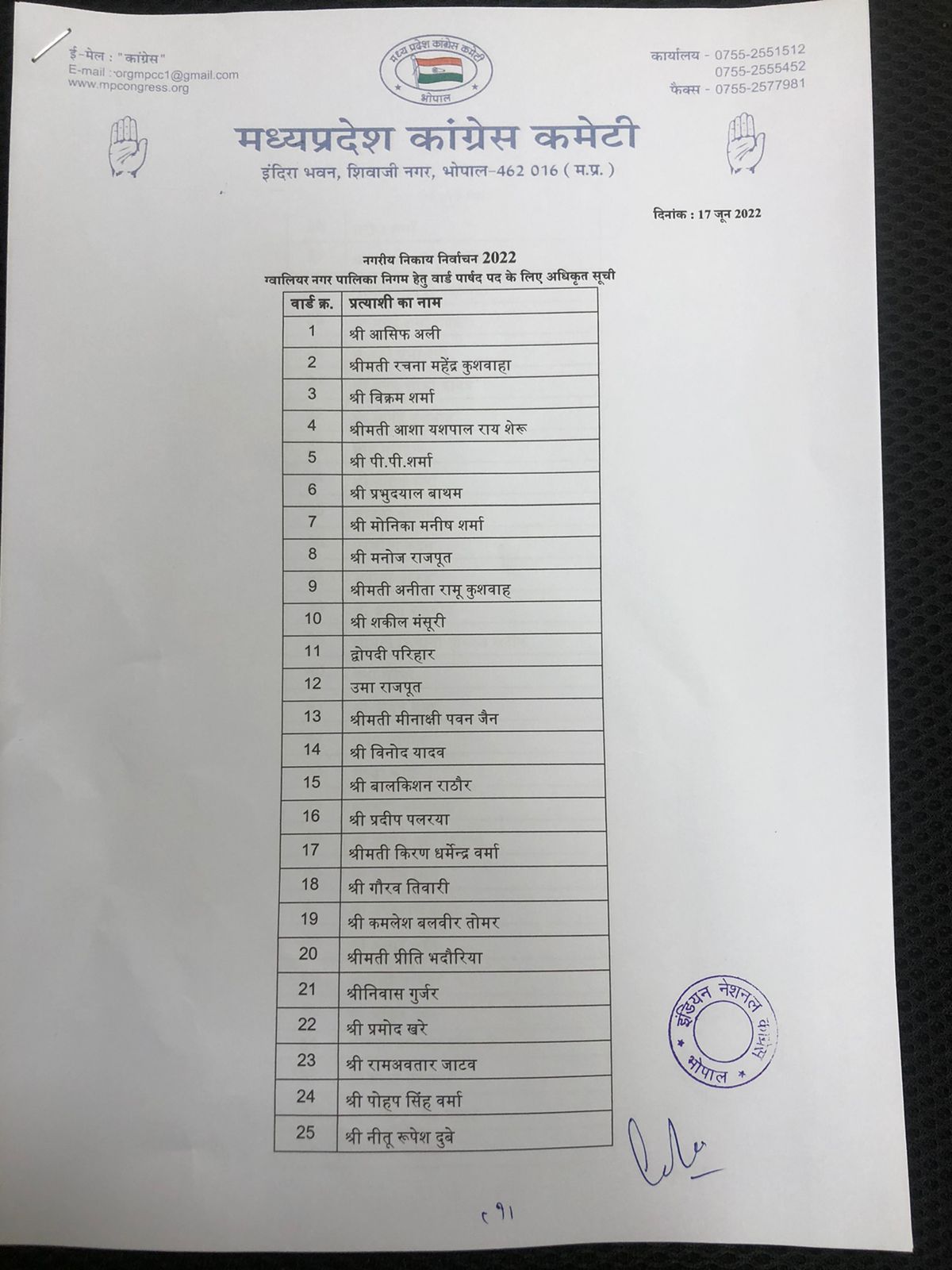 MP Urban Body Elections : कांग्रेस ने जारी की Gwalior के पार्षद प्रत्याशियों की सूची