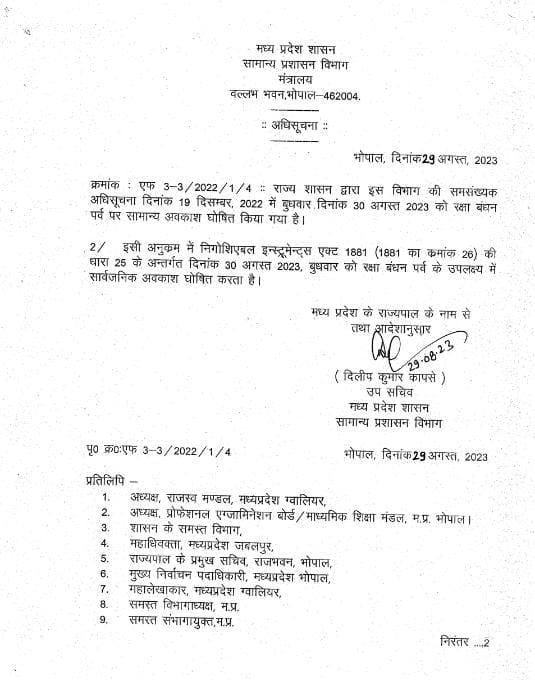 MP में 30 अगस्त को रक्षाबंधन पर रहेगा अवकाश, सामान्य प्रशासन विभाग ने जारी किया आदेश, कर्मचारियों-अधिकारियों को मिलेगा लाभ