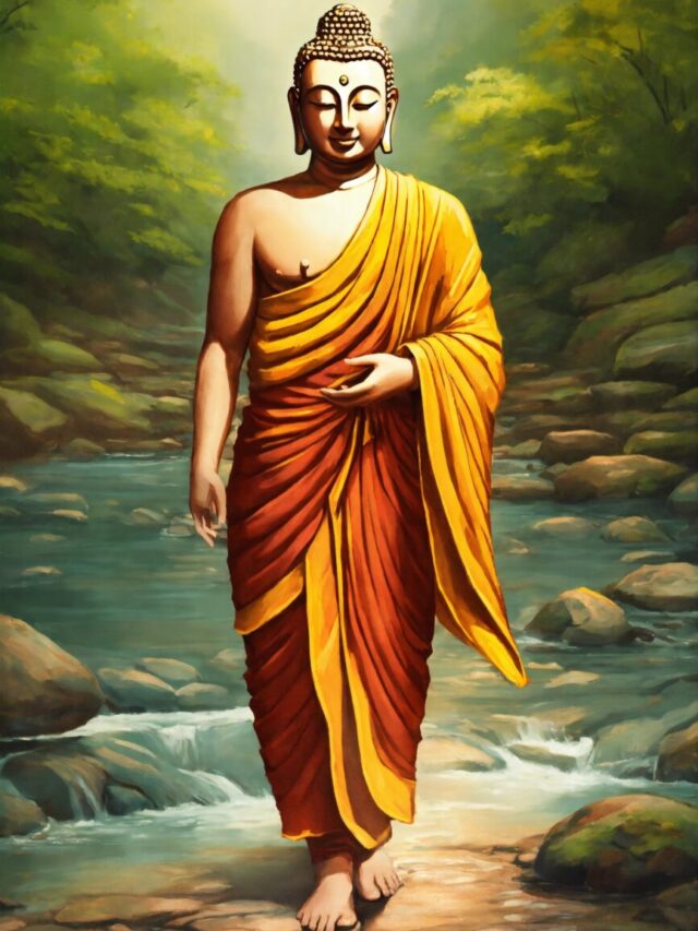 buddha walking through a river smiling