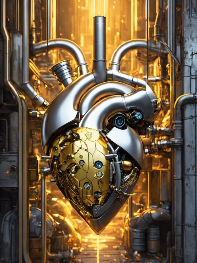 Gold and silver cyberpunk heart. Smoking coming ou