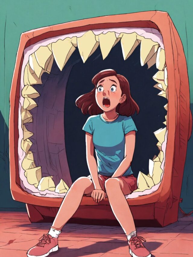 Scared girl sitting entirely inside wide open jaws