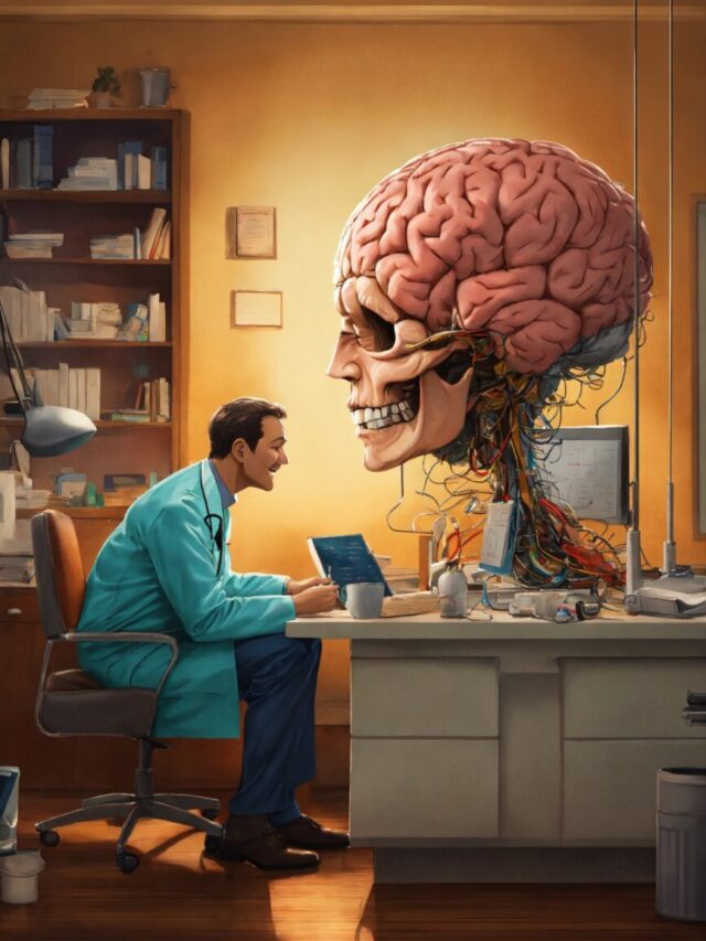 A doctor with a huge brain talks with his patient