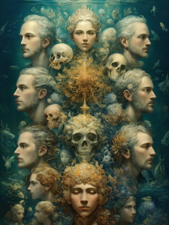 frontal portrait of ten human heads floating on th