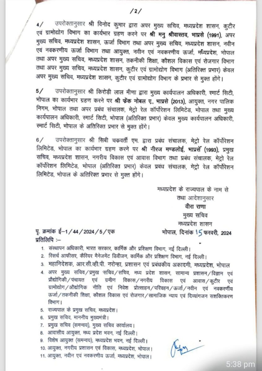 MP Transfer : राज्य शासन ने IAS अधिकारियों के तबादले किये, अतिरिक्त प्रभार भी सौंपे, राज्य प्रशानिक सेवा अधिकारी का भी ट्रांसफर