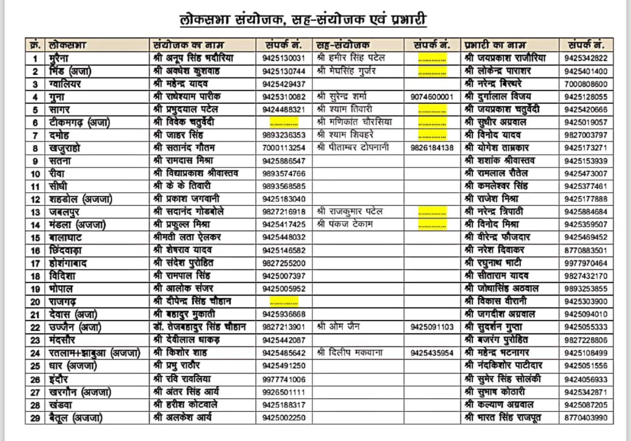 BJP ने 29 लोकसभा सीटों पर नियुक्त किए प्रभारी-संयोजक, आलोक संजर को भोपाल की कमान, छिंदवाड़ा में मोर्चा संभालेंगे नरेश दिवाकर