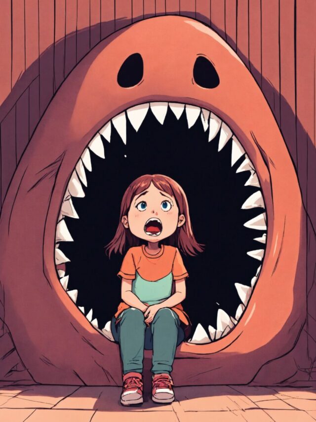 Scared girl sitting entirely inside wide open jaws (2)