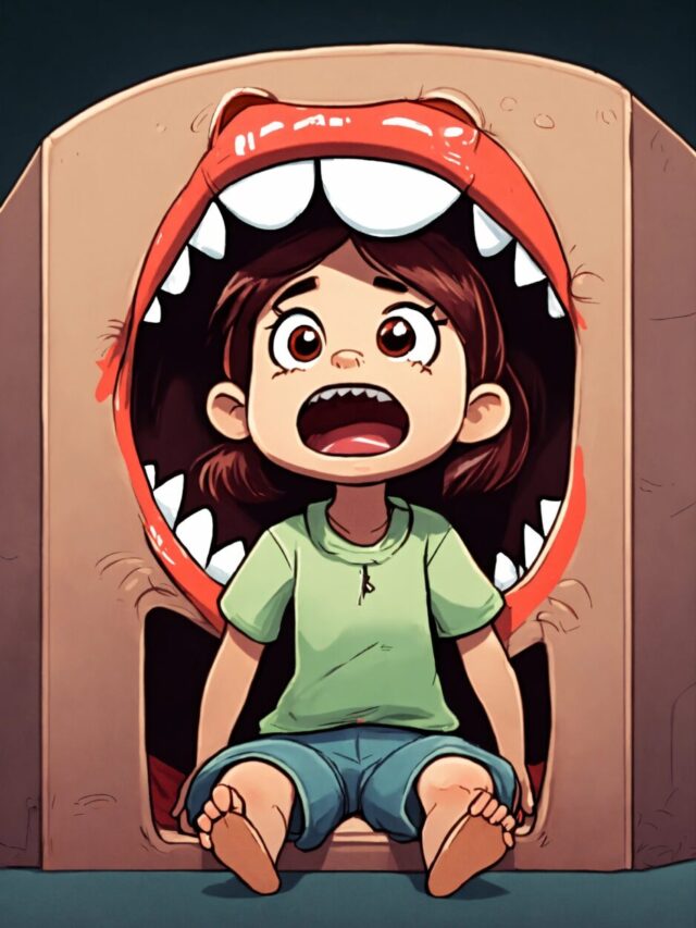 Scared girl sitting entirely inside wide open jaws (3)