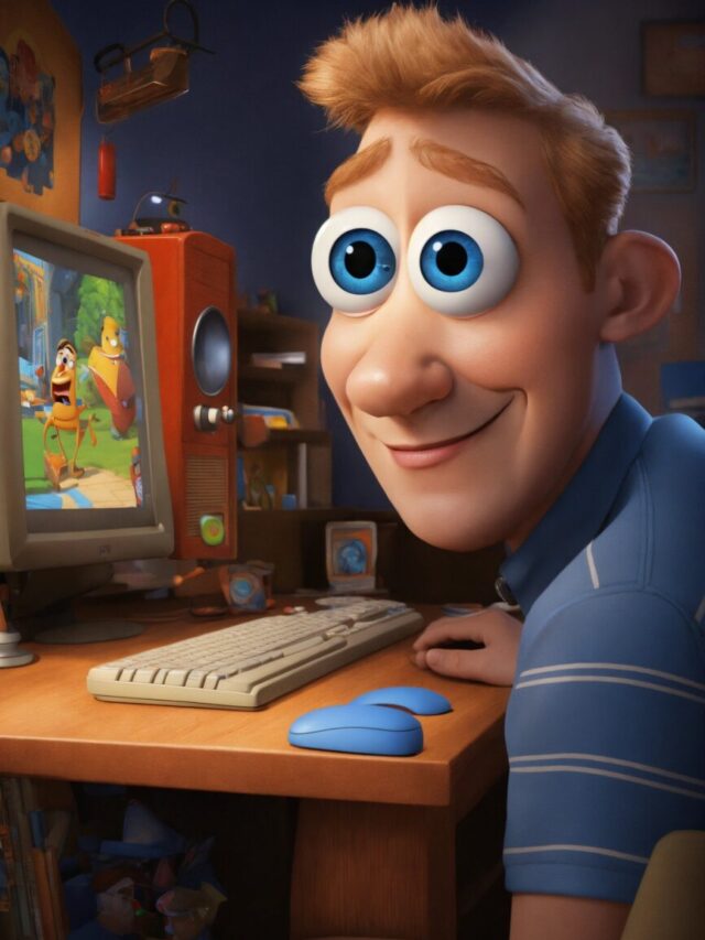 pixar man blode blue eyes big nouse qith computer