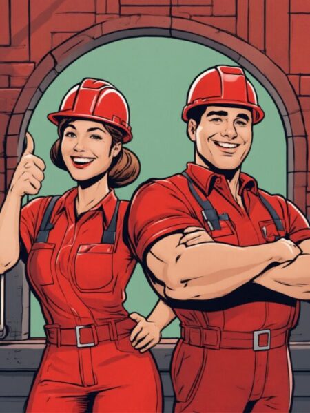 two heroic plumbers in a red outfit and red hard h