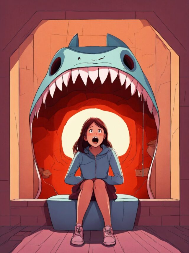 Scared girl sitting inside huge wide open jaws (3)