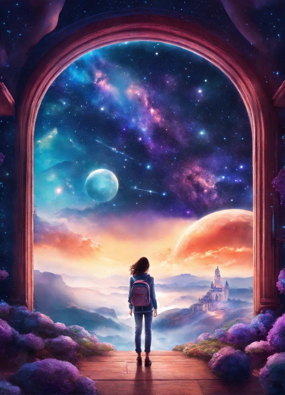 galaxy dream world with a person standing looking