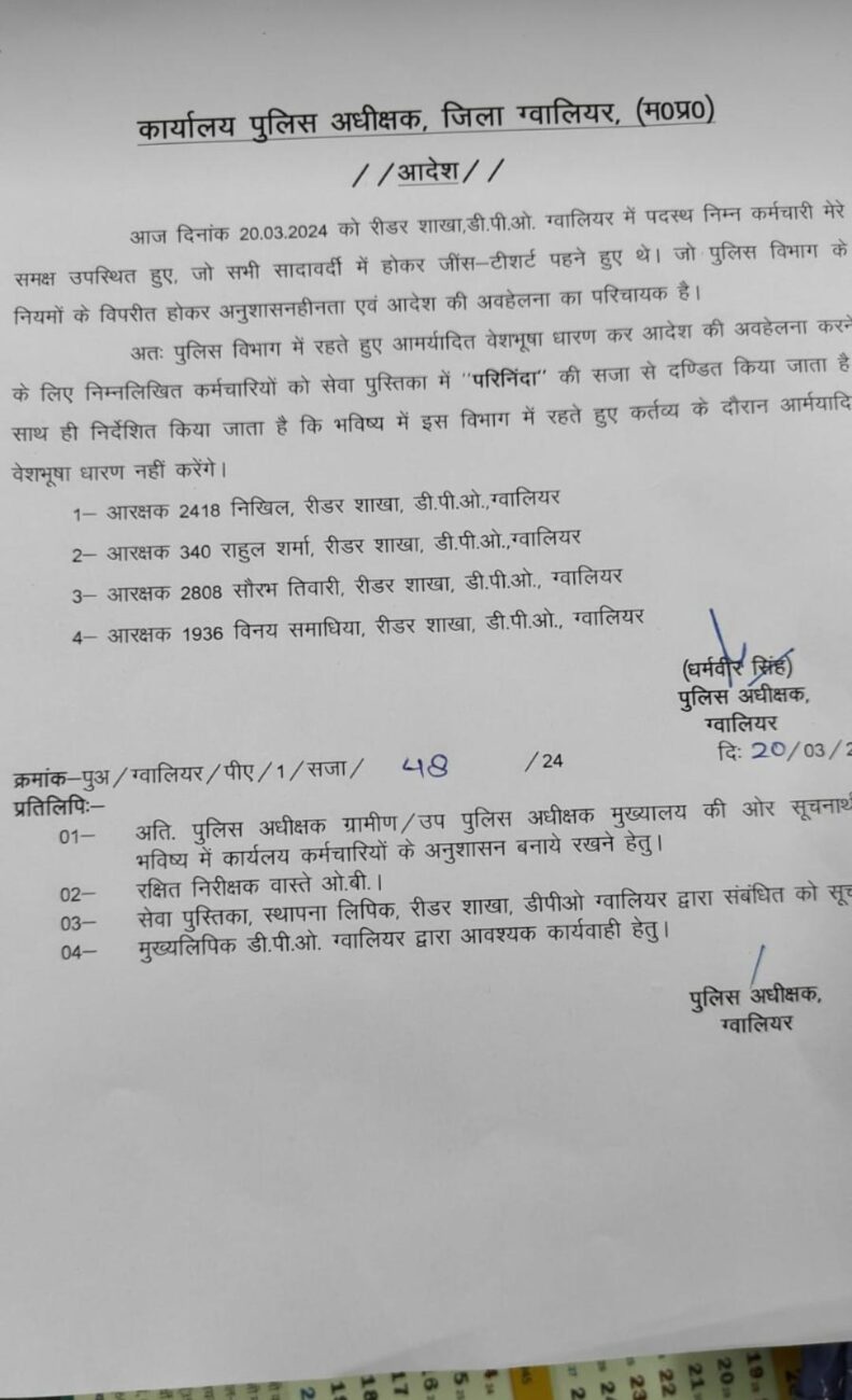 Gwalior News : जींस टीशर्ट पहने आरक्षकों को पुलिस अधीक्षक ने दी सजा, सर्विस बुक में जुड़ेगा ये रिमार्क