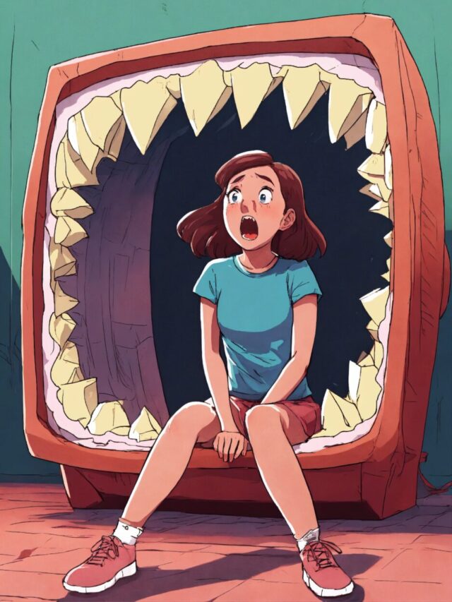 Scared girl sitting entirely inside wide open jaws (7)