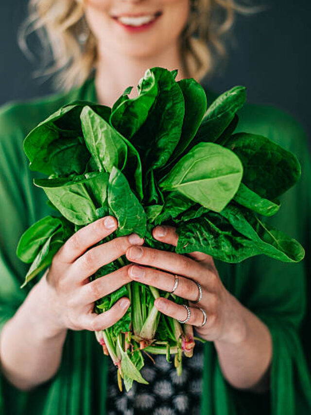 Young woman holding spinach leafs salad