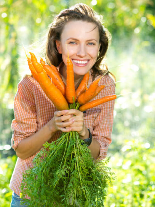 Beautiful farmer woman with carrots, outdoor shot