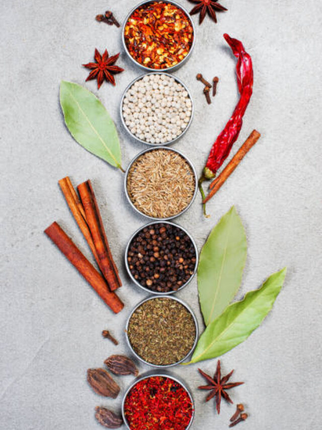 Various oriental spices on the gray textured table, top view