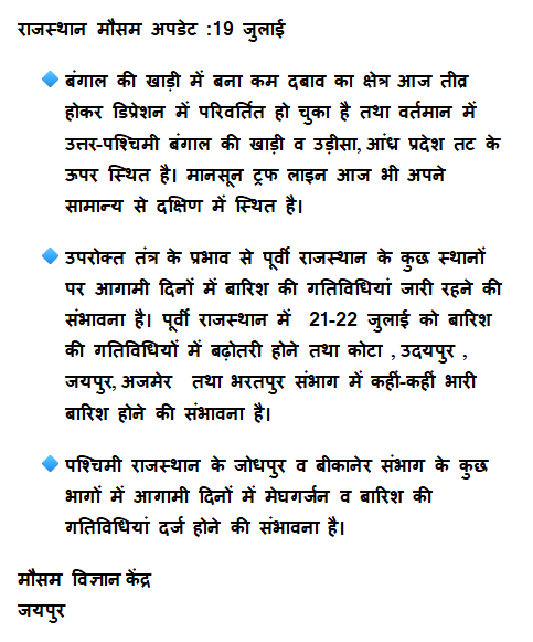 Rajasthan Weather : 8 शहरों में मूसलाधार, 30 जिलों में बारिश की चेतावनी, वज्रपात-तेज हवा-मेघगर्जन, मौसम विभाग का अलर्ट जारी