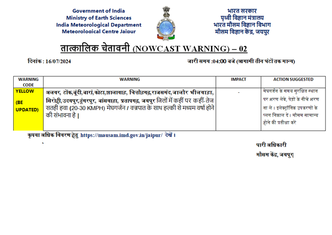 Rajasthan Weather: 20 जुलाई तक वर्षा, आज 21 जिलों में भारी बारिश-मेघगर्जन और वज्रपात की चेतावनी, मौसम विभाग का अलर्ट जारी