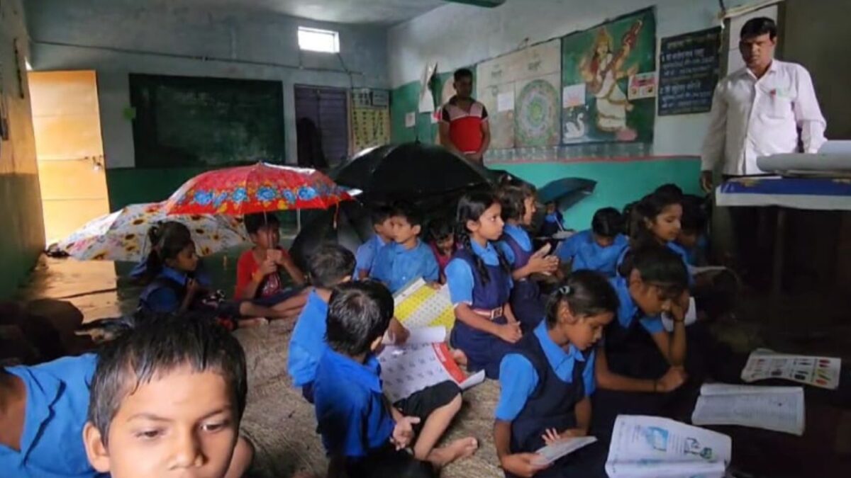 children study with umbrellas