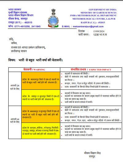 Chhattisgarh Weather : आज से फिर झमाझम का दौर, इन जिलों में अगले 48 घंटों के लिए भारी बारिश-बिजली का अलर्ट, मौसम विभाग की चेतावनी जारी