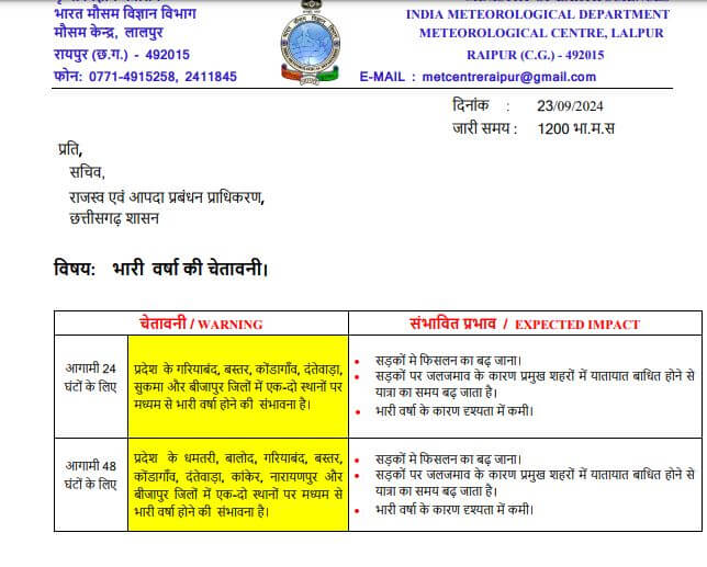 Chhattisgarh Weather : मानसून सक्रिय, अगले 5 दिन फिर वर्षा, इन जिलों में भारी बारिश-बिजली का अलर्ट, मौसम विभाग की चेतावनी जारी