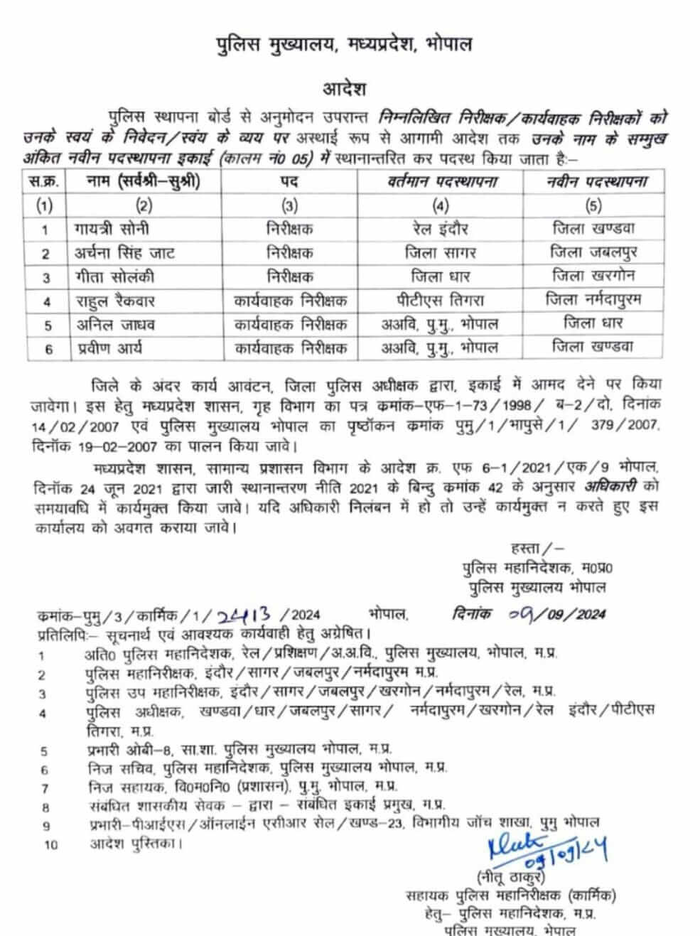 MP Transfer : पुलिस इंस्पेक्टर्स, प्रधान आरक्षक और आरक्षकों के तबादले, PHQ ने जारी की लिस्ट