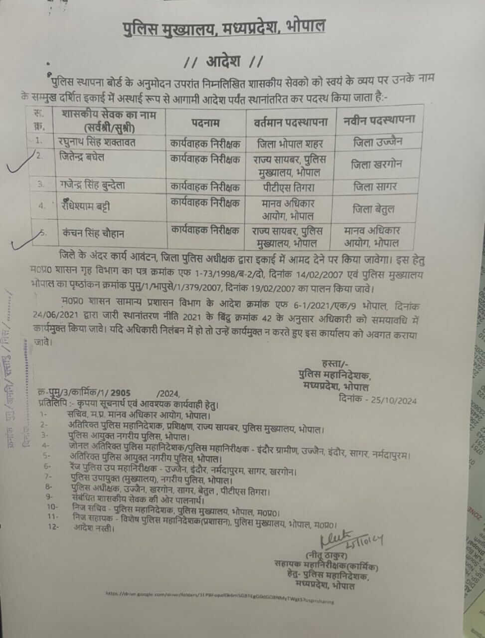 Transfer : मध्य प्रदेश पुलिस विभाग में इंस्पेक्टर्स के तबादले, पुलिस मुख्यालय ने जारी किये आदेश, देखें लिस्ट