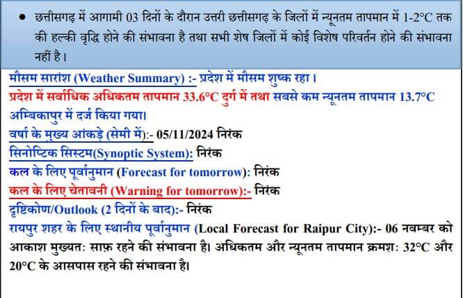 Chhattisgarh Weather : 10 नवंबर के बाद बदलेगा मौसम का मिजाज, गिरेगा पारा, बढ़ेगी ठिठुरन, पढ़े IMD का नया अपडेट