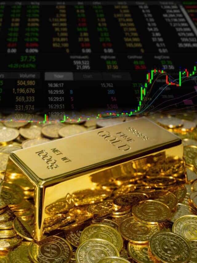 Gold bullion on the coin at trading chart background